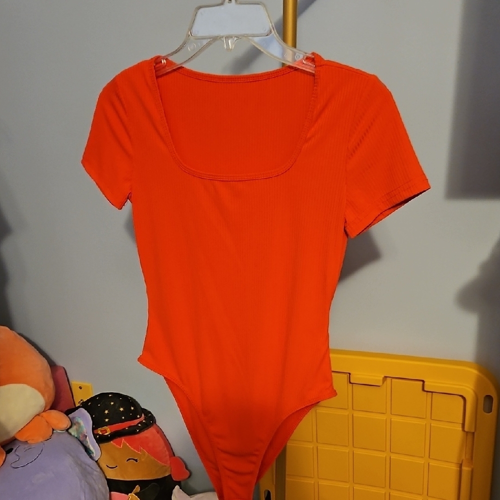 Orange Scoop Neck Bodysuit with Cap Sleeves